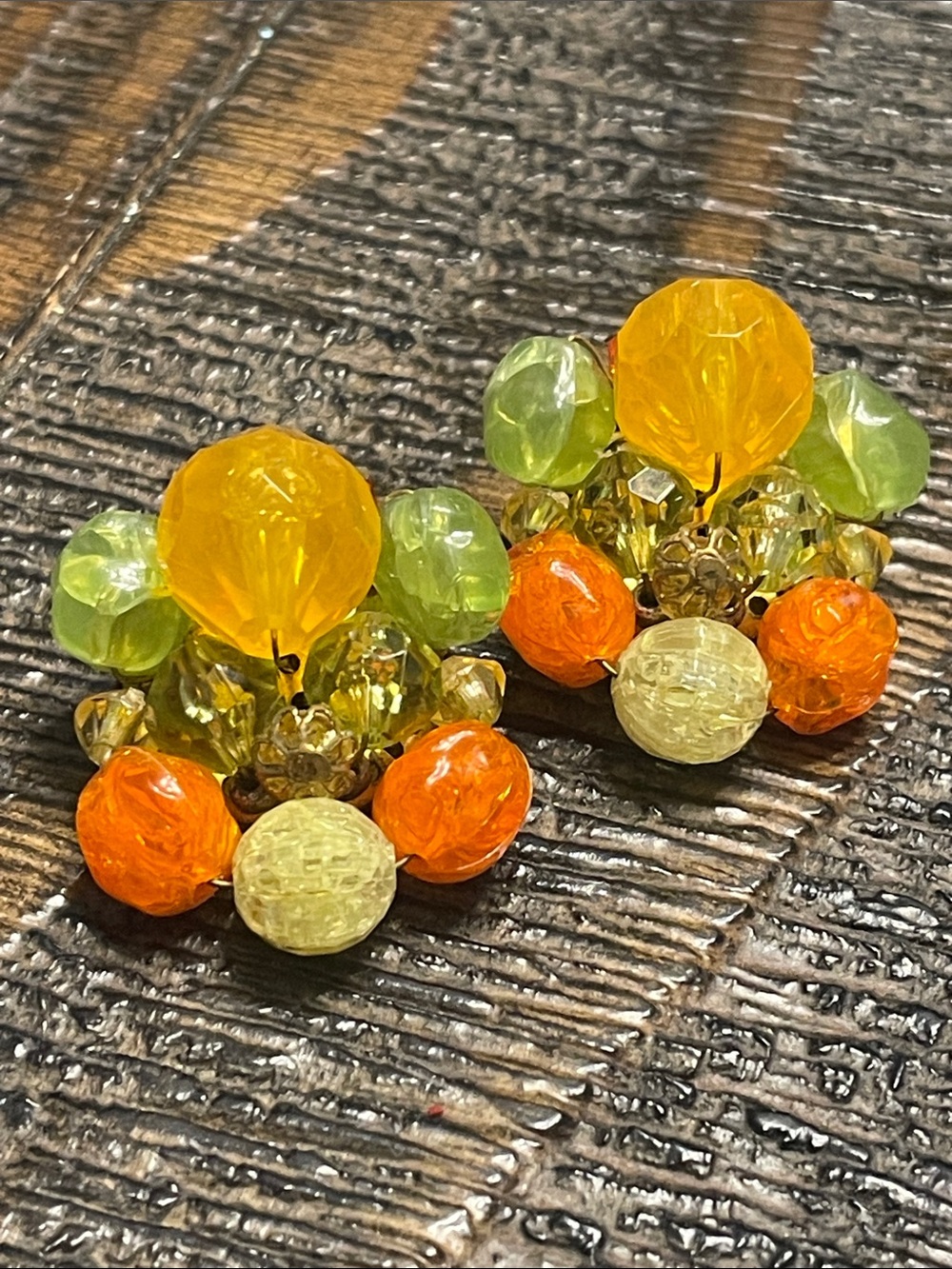 Vintage West Germany Beaded Cluster Clip-On Earrings in Yellow, Orange & Green